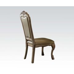 KD, Armless Chair (High Back) Stationary Seat: Standard Dining Height Padded SEAT & BACK: PU & Fabric (Contrast Patterns: Vintage PU Seat & Floral Fabric Inside Back) Feature: Welt Cushion, Wooden Frame, Poly-Resin Trim Arched Backrest: Padded, PU Outside