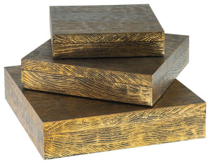 Ideal for a dresser, chest or accent table, this set of three wood and metal boxes is a contemporary choice for the forward-thinking modernist. The antiqued brass-tone finish is an inspired touch.<br><br><b>Additional Dimensions</b><br><ul><li>Box-small: 