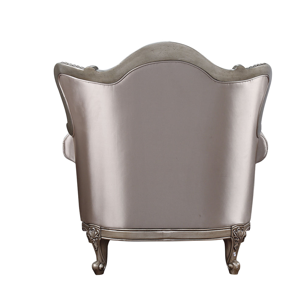 KD Leg, Tight Back & Loose Seat Cushion (1+1) 2 Pillows Included, Buttonless Tufted, Scrolled Floral Molding Trim CONSTRUCTION: [sc]