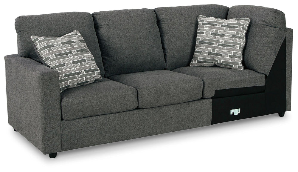 This left-arm facing sofa with corner wedge is made with polyester upholstery. Pairs with other items in the series to make a sectional.<br><br><b>Additional Dimensions</b><br><ul><li>Arm height: 25-"</li><li>Seat height: 19-"</li><li>Top of cushion to to