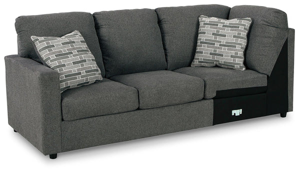 This left-arm facing sofa with corner wedge is made with polyester upholstery. Pairs with other items in the series to make a sectional.<br><br><b>Additional Dimensions</b><br><ul><li>Arm height: 25-"</li><li>Seat height: 19-"</li><li>Top of cushion to to