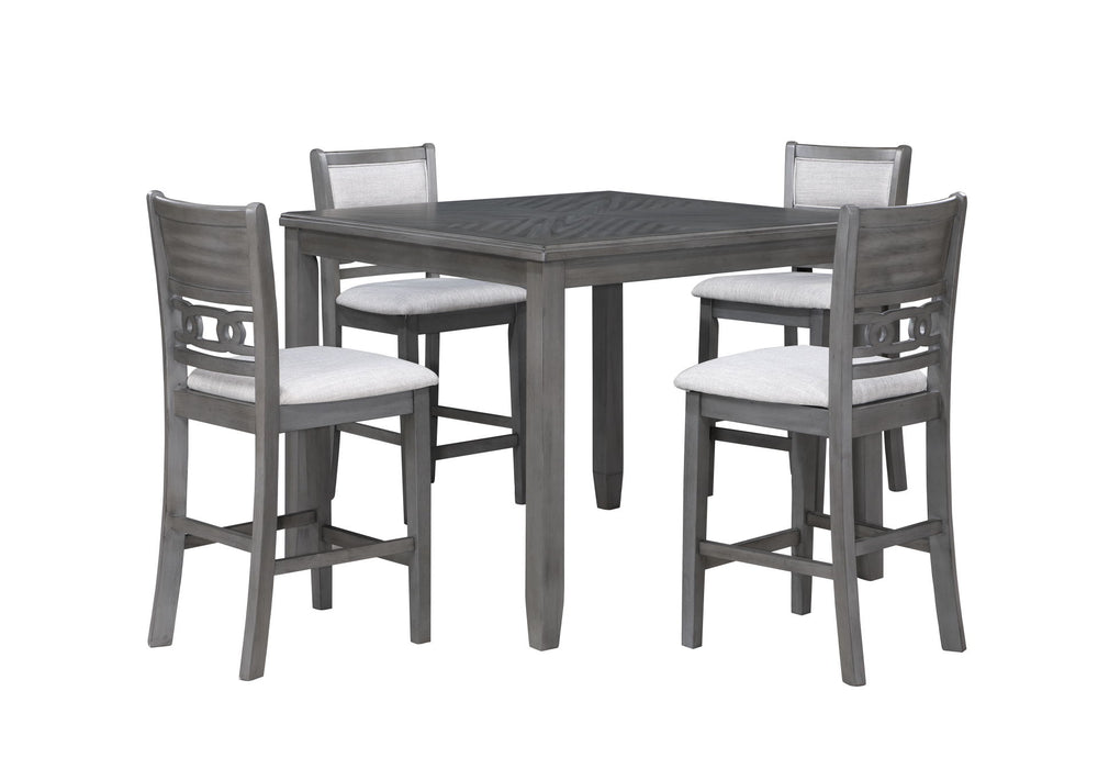 Complete your dining space with the New Classic Furniture Gia 5-Piece Wood Square Counter Dining Set, a harmonious blend of durability and beauty. Crafted from solid Rubberwood and Mindi veneers, this set is designed to withstand the test of time. The con