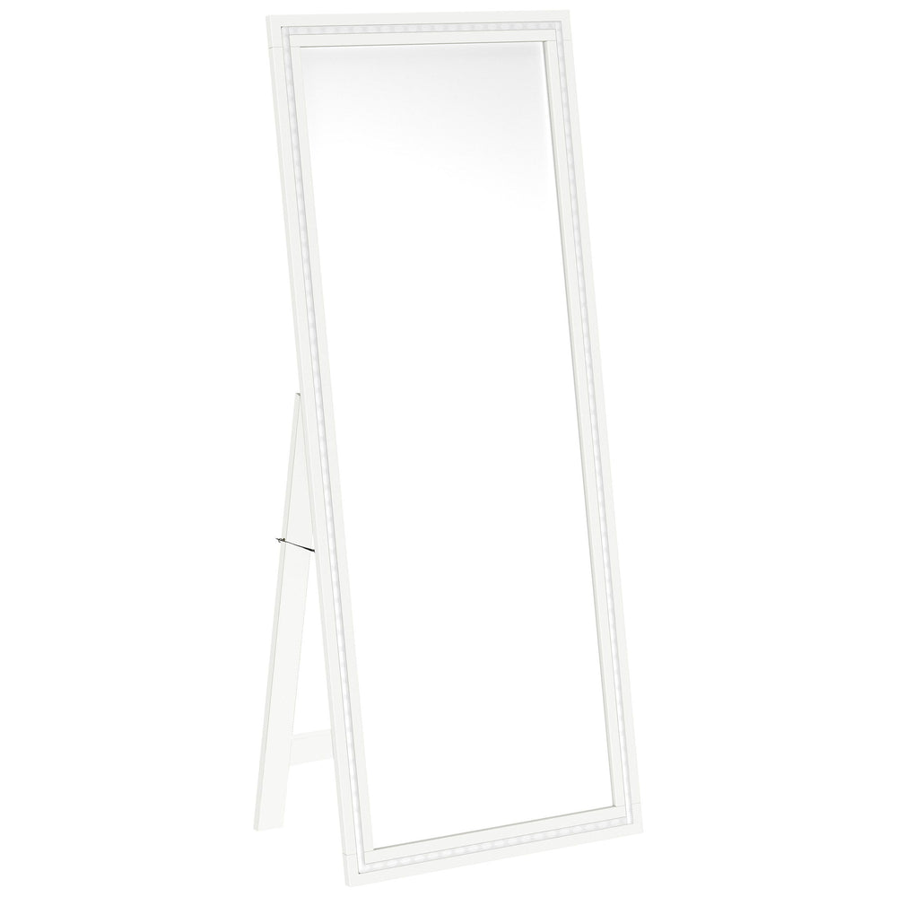 Dress up a dressing area or seating group with the glamour of a modern floor mirror. The full length design features a decorative frame complete with a support leg or its freestanding, perfect for defining an open living space or offering dimension elsewh