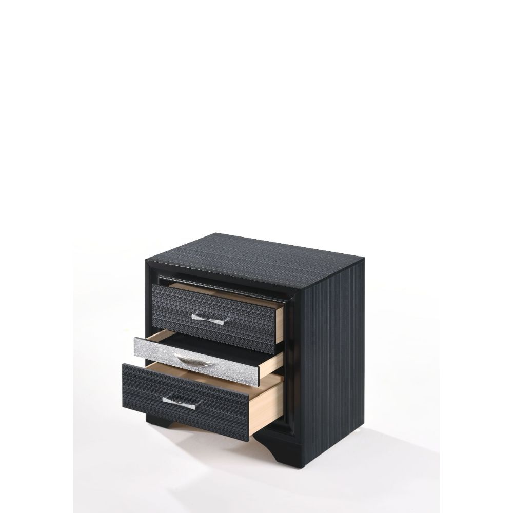 The Naima nightstand offers a sophisticated look, clean lines and contemporary style. This black nightstand features three drawers, with the middle drawer being a Felt-Lined jewelry drawer with compartments and front panel with crystal like inserts. Add t