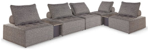 This modular seating set seeks to bring serenity to your outdoor seating area. Channeling Japandi and casual contemporary aesthetics, its low profile encourages laid-back living without sacrificing sophistication. The included back cushions complete momen