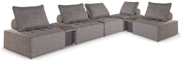 This modular seating set seeks to bring serenity to your outdoor seating area. Channeling Japandi and casual contemporary aesthetics, its low profile encourages laid-back living without sacrificing sophistication. The included back cushions complete momen