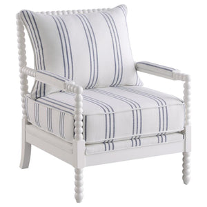Light and bright as can be, this contemporary accent chair offers a cheerful look to any space. This accent chair offers comfortable seating with each cushion wrapped in a white linen-like upholstery accented with navy awning stripes. With a sharply desig