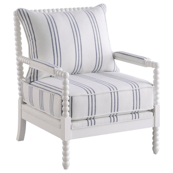 Light and bright as can be, this contemporary accent chair offers a cheerful look to any space. This accent chair offers comfortable seating with each cushion wrapped in a white linen-like upholstery accented with navy awning stripes. With a sharply desig