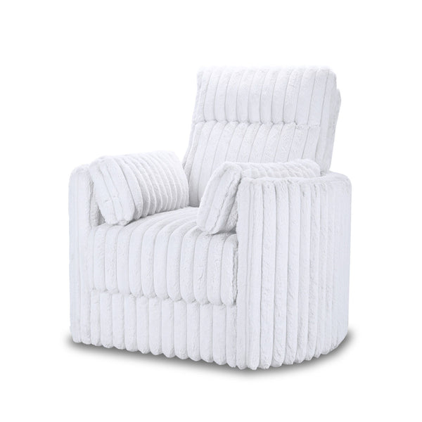 The Embrace Swivel Living Room Accent Chair in white combines comfort and style with practical functionality. Upholstered in 100% white polyester fabric with a soft, blanket-like texture, this chair is designed for ultimate relaxation. It includes one swi