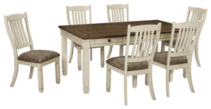 Unique two-tone finish with a combination of Oak and Acacia substrates combining a trendy textured antique white color with table and server tops finished in a textural weathered oak finish. Rectangular dining table features six convenient drawers for sto