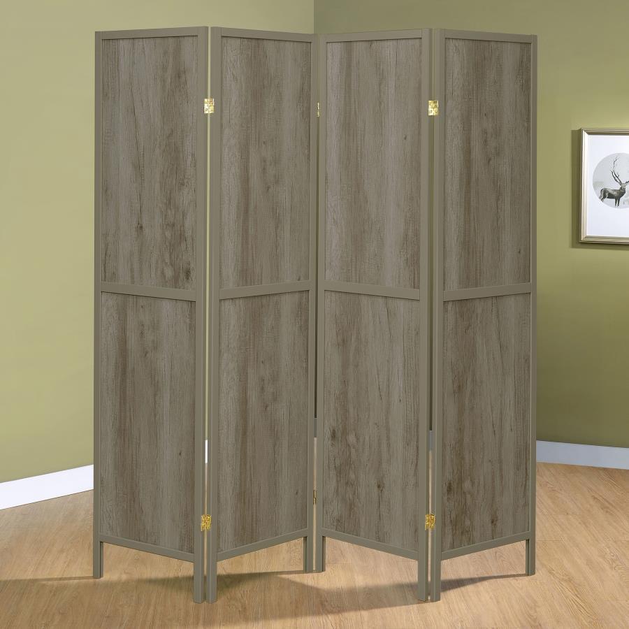 Cast a soft glow throughout a classic space with this four-panel screen. Variations in hue give the exposed wood grain depth with a grey driftwood finish. Light in color, the sleek legs mirror the wood finish to complement and add structure. The panels cr