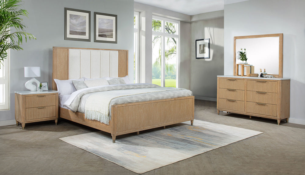 Transform your bedroom into a modern sanctuary with this sleek and sophisticated ensemble. Featuring clean lines and a natural finish, this group exudes understated elegance, seamlessly blending contemporary design with a touch of warmth. The centerpiece 