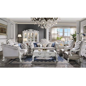 Assembled, with 1 Pillows Floral Scrolled Crown with Antique Brush, Nailhead Trim (Base) Backrest Style: Crystal like Button Tufted Tight Back & Seat Cushion (1+1) CONSTRUCTION: Pocket Coil Seat