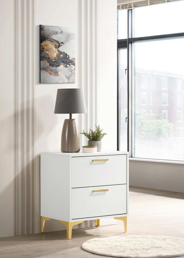 Flank your bedside with this modern glam nightstand. Designed with an elegantly understated, boxy frame, this two-drawer nightstand lends a chic, contemporary aesthetic. Clean lines and a bright, white finish elevate its sophisticated nature. Fastened to 