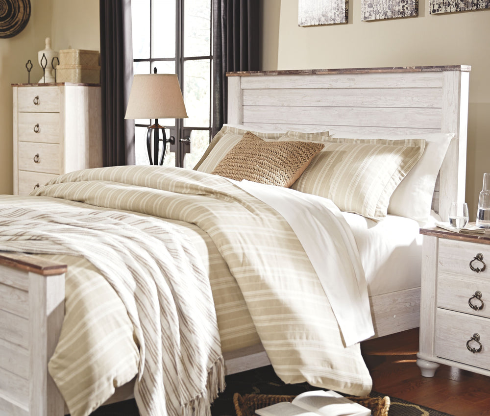 Two-tone finish in white wash replicated worn through paint with authentic touch and a replicated wood grained block pattern with authentic touch. Large scaled shapely bedroom collection features bun feet. Ring pull hardware in an antique brass color, acc