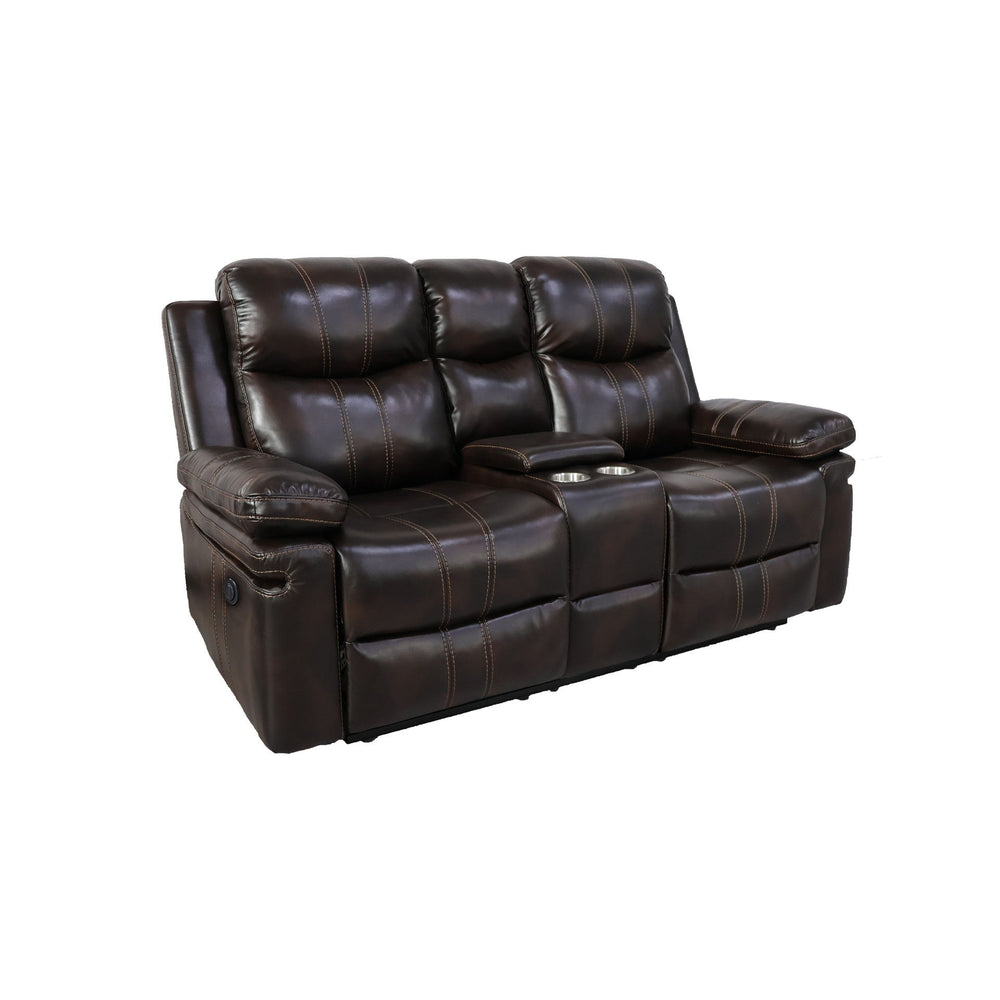 The Kellen Power Dual Recliner Console Loveseat in rich brown offers the perfect balance of luxury, durability, and modern convenience. Constructed with premium hardwoods and plywood, this loveseat provides a stable and long-lasting foundation. Its plush,