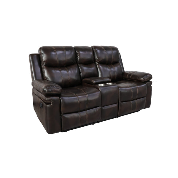 The Kellen Power Dual Recliner Console Loveseat in rich brown offers the perfect balance of luxury, durability, and modern convenience. Constructed with premium hardwoods and plywood, this loveseat provides a stable and long-lasting foundation. Its plush,