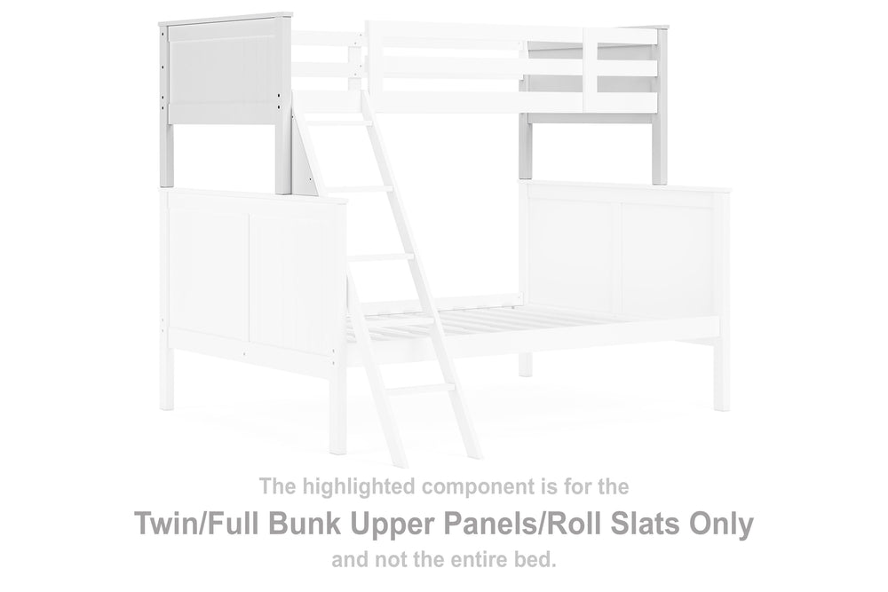 This set of twin-over-full bunk bed upper panels and roll slats is made with solid hardwood and MDF substrate. Pairs with other items in the series to make a bed kit.<br/><br/><b>Product Features</b><ul><li>Compatible with other B396 items, sold separatel