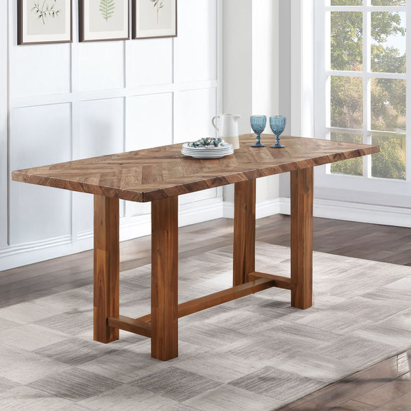 The Gilsea collection counter height table and chairs set combines rustic charm with modern elegance. Featuring a sturdy wooden table and two-tone upholstered chairs, each adorned with nailhead trim, this collection promises a stylish and comfortable dini