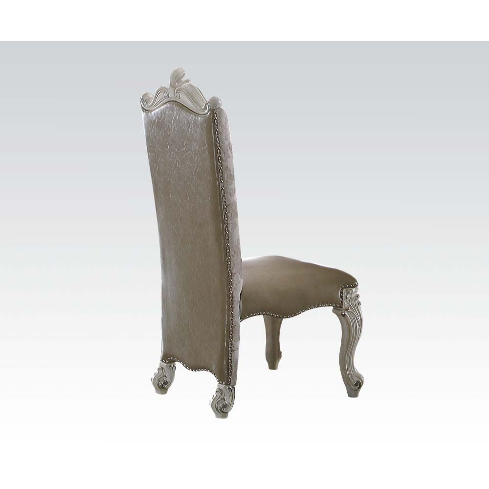 KD, Armless Chair Padded SEAT & BACK Cushion, Nailhead Trim BACKREST (Without Button): Scrolled Crown, Floral Fabric Inside and Vintage 2-Tone Brown PU Outside SEAT: Striped Fabric & Scalloped Apron Wooden Cabriole Legs w/Scrolled Motifs (Poly Resin with 