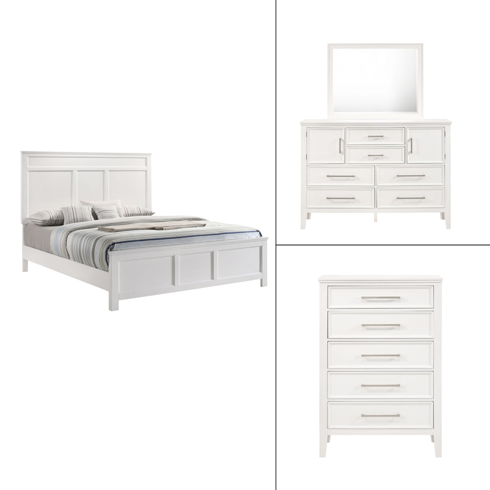 The Andover Wood 4-Piece Bedroom Set in White offers a perfect combination of durability, style, and functionality, making it an ideal choice for a complete bedroom upgrade. This set includes a Panel Bed, Dresser, Mirror, and Chest, all expertly crafted f