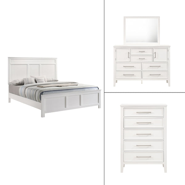 The Andover Wood 4-Piece Bedroom Set in White offers a perfect combination of durability, style, and functionality, making it an ideal choice for a complete bedroom upgrade. This set includes a Panel Bed, Dresser, Mirror, and Chest, all expertly crafted f