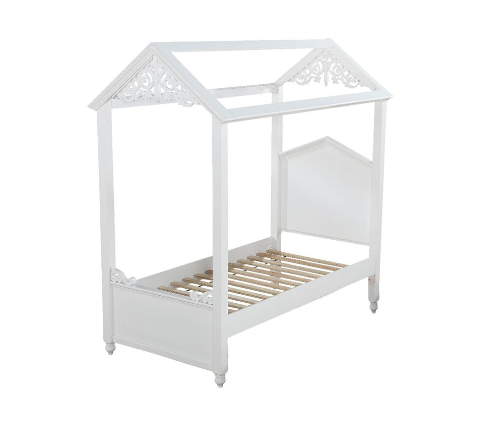 Your children will adore the magical Rapunzel bed that evokes the spirit and appeal of a cottage house. This unique canopy bed sits inside a classic house frame, with an arched headboard, low profile footboard and canopy with raised molding trim and scrol