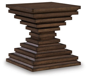 A statement-making table? Yes, please. The distinctive silhouette of this end table is sure to captivate lovers of contemporary design. Featuring head-turning architectural geometry and a rich, inviting warm brown finish, this piece is ready to take your 