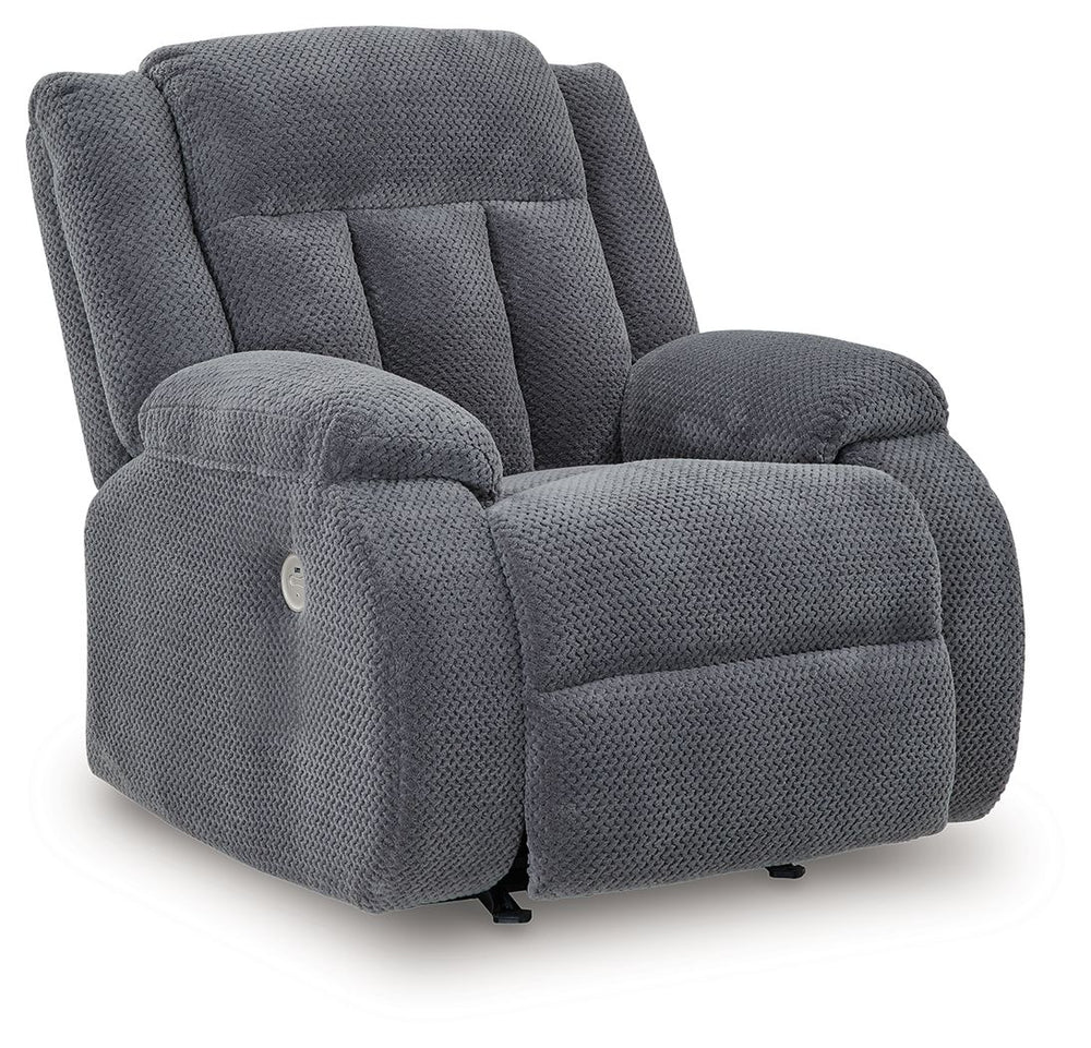 There-'s no need to sacrifice looks for comfortâ€”this power rocker recliner serves up both, plus a richly relaxed sense of style. Its steel-hued velvet upholstery is ultra soft, with a plush waffle weave for an added layer of interest. The overstuffed pi