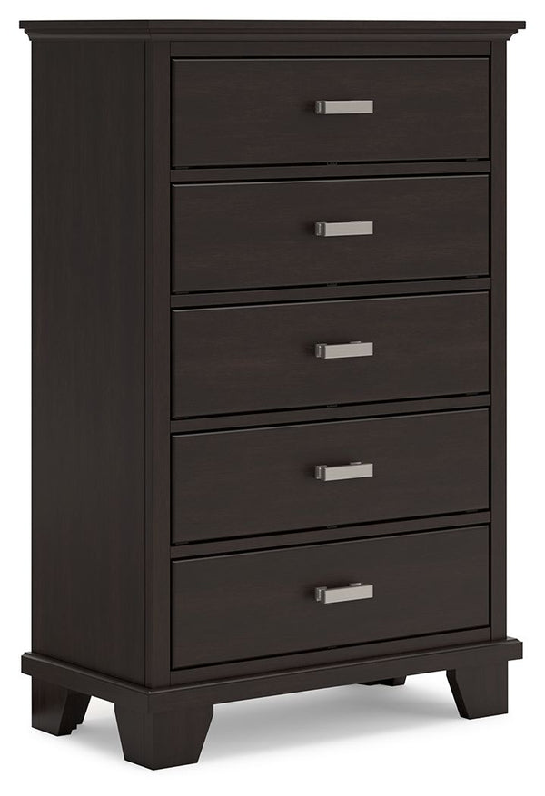Feast your eyes on this richly versatile chest of drawers. Its traditional-inspired dark brown finish effortlessly blends with contemporary bright nickel-tone pulls to create a stunning look that-'s not too stuffy or too trendy. Spacious drawers offer ple