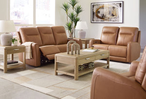 Reserved for him and made for her. This power reclining living room set delivers all the comfort and style you could ask for. Inspired by sports car interiors, the combination leather and faux leather upholstery with jumbo stitching for even more appeal. 
