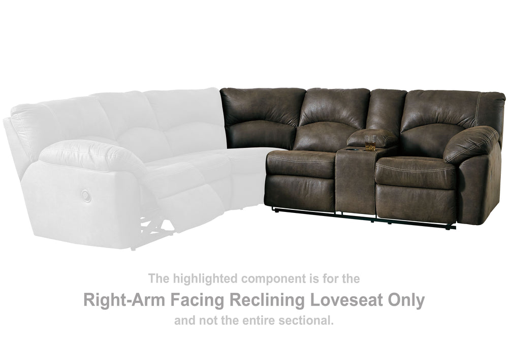 This right-arm facing reclining loveseat is made with faux leather upholstery. Pairs with other items in the series to make a sectional.<br><br><b>Additional Dimensions</b><br><ul><li>Seat depth: 22-"</li><li>Seat height: 20-"</li><li>Seat width: 49-"</li