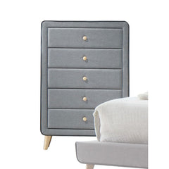 5 Drw Padded: Light Gray Fabric & Black Welt Trim Drawer: GLIDE Side Metal, NO DT, NO Felt-Lined, KD Wooden Tapered Leg: Natural Finish, 5-" (130mm), Carton: 12-" x 8-" x 3-" (300 x 200 x 70mm) Top Chest: Polyfoam 32-" x 16-" (810 x 410 x 5mm) ASTM F2057 