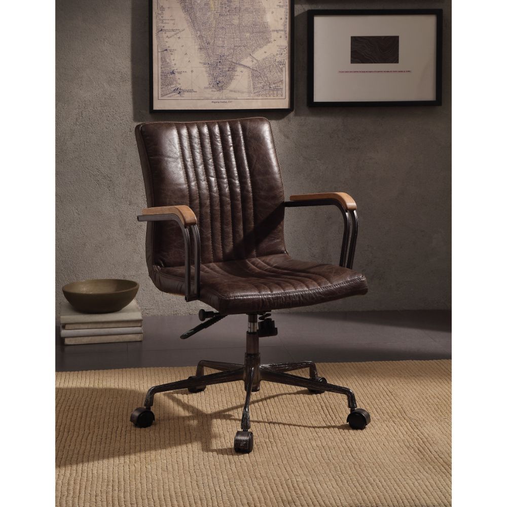 KD, Executive Arm Office Chair (High Back) â€¢ Seat: Swivel (360 Degrees), Adjustable Height (Pneumatic Lift) â€¢ Padded Back & Seat: Top Grain Leather Cushion, Stripped Pattern â€¢ 5-Star Base w/Casters: Metal Base â€¢ Armrest: Wood with Metal Frame (Fix
