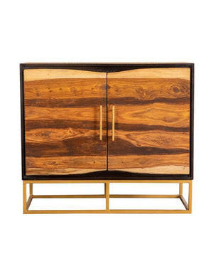 A handcrafted accent cabinet from India makes its presence known. With its mix of natural wood colors, it-'ll instantly captures attention in your living area. Gold hardware with a matching geometric base provides durability and aesthetic flair. Two large