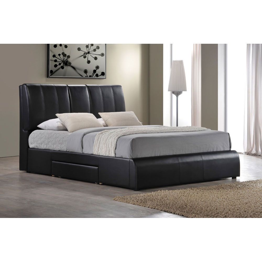 This Kofi contemporary upholstered bed will make a stunning focal point in your master bedroom. The storage headboard with low profile footboard are covered in a rich black PU for a luxurious look. Sleek covered side rails with pull out drawer complete th