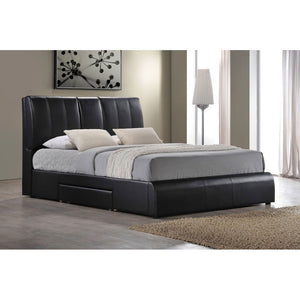 This Kofi contemporary upholstered bed will make a stunning focal point in your master bedroom. The storage headboard with low profile footboard are covered in a rich black PU for a luxurious look. Sleek covered side rails with pull out drawer complete th