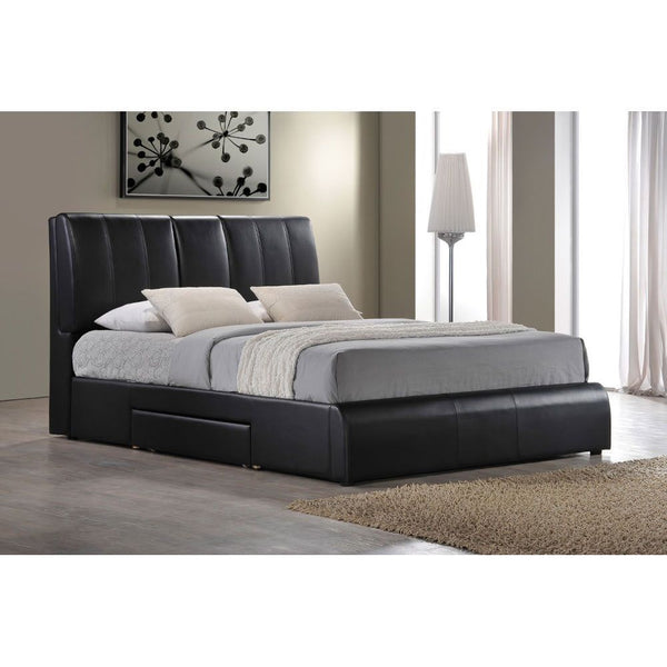 This Kofi contemporary upholstered bed will make a stunning focal point in your master bedroom. The storage headboard with low profile footboard are covered in a rich black PU for a luxurious look. Sleek covered side rails with pull out drawer complete th