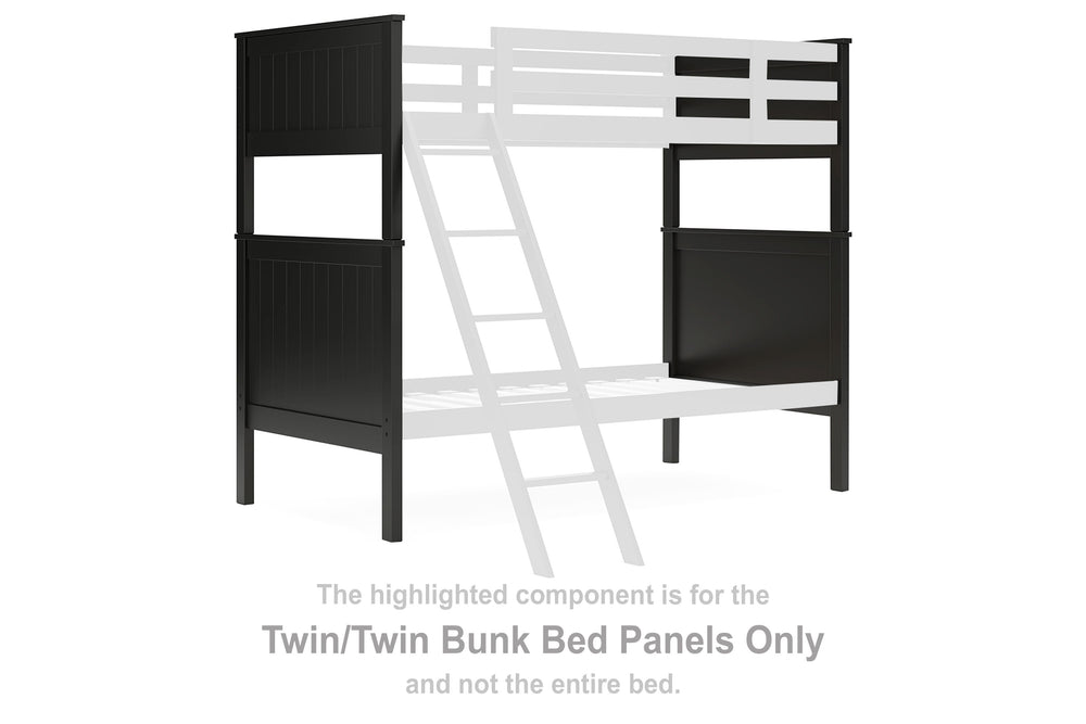 This set of twin-over-twin bunk bed panels is made with solid hardwood and MDF substrate. Pairs with other items in the series to make a bed kit.<br><br><b>Additional Dimensions</b><br><ul><li>Panel to floor: 10.88-"</li></ul><br/><br/><b>Product Features