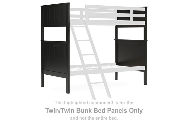 This set of twin-over-twin bunk bed panels is made with solid hardwood and MDF substrate. Pairs with other items in the series to make a bed kit.<br><br><b>Additional Dimensions</b><br><ul><li>Panel to floor: 10.88-"</li></ul><br/><br/><b>Product Features