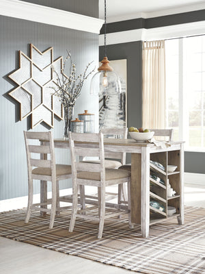Made with Acacia veneers and select rubberwood solids, in a grayish white finish with rub through effect for a time worn appearance. Top is finished in a medium toned brown color with a planked effect with saw kerf distressing. Chair has a classic casual 