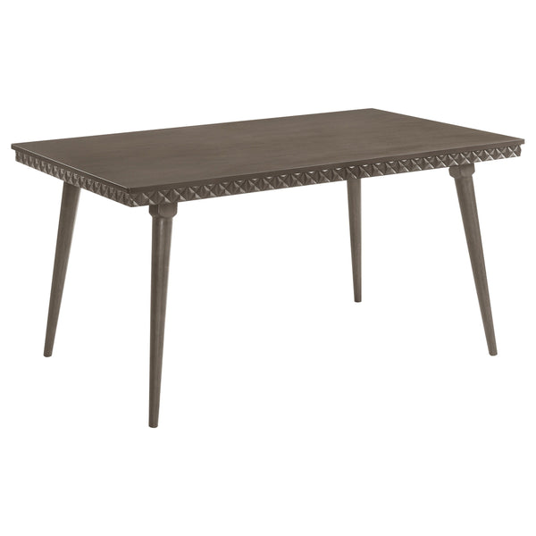 Introduce modern elegance to your dining room with this stunning 59-inch dining table. Its distinctive design features intricate detailing along the apron, adding a textural contrast to the smooth tabletop. Constructed with a blend of solid wood, engineer