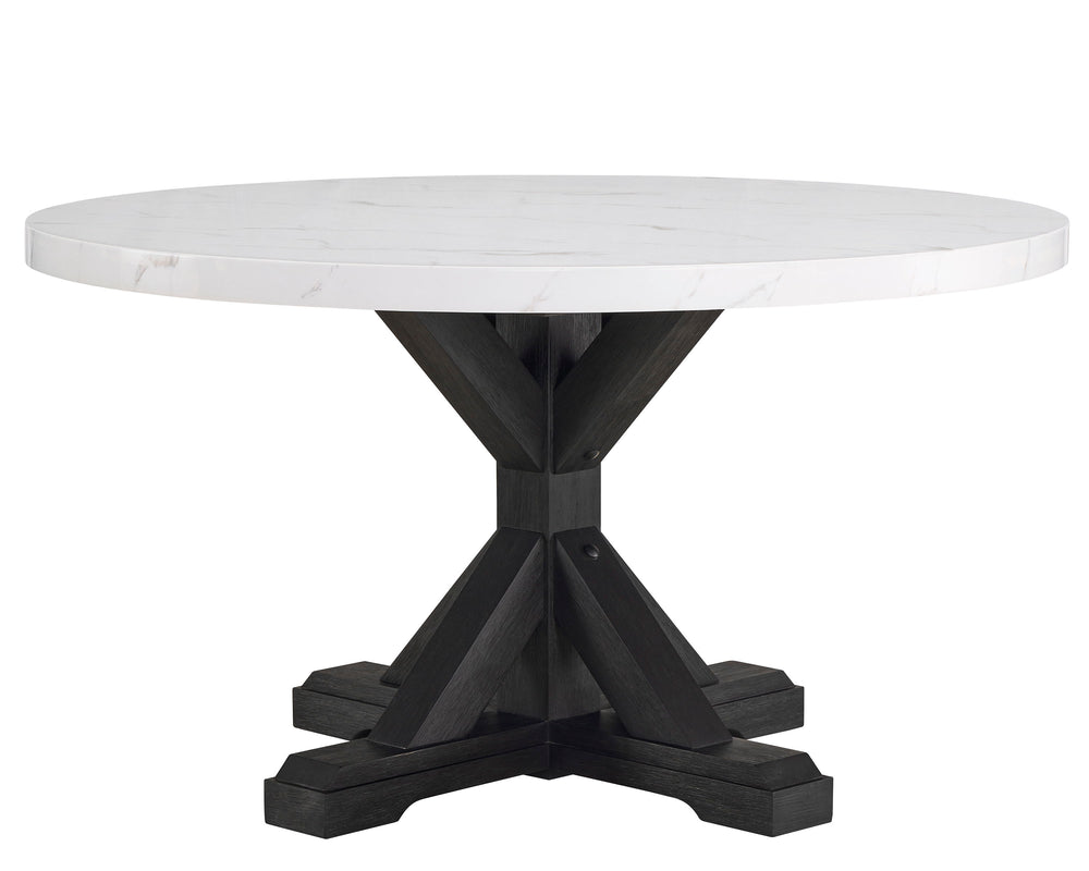 A fresh take on a traditional silhouette makes this group a great addition to your dining space. A faux marble top provides an elegant look while being easy to care for. Farmhouse style cross legs are updated in a contemporary charcoal finish. The upholst