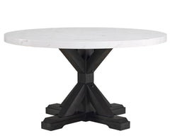 A fresh take on a traditional silhouette makes this group a great addition to your dining space. A faux marble top provides an elegant look while being easy to care for. Farmhouse style cross legs are updated in a contemporary charcoal finish. The upholst