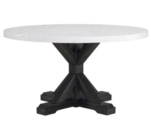 A fresh take on a traditional silhouette makes this group a great addition to your dining space. A faux marble top provides an elegant look while being easy to care for. Farmhouse style cross legs are updated in a contemporary charcoal finish. The upholst