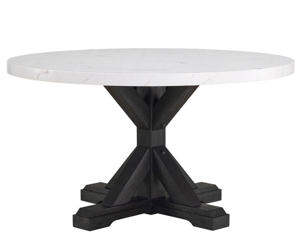 A fresh take on a traditional silhouette makes this group a great addition to your dining space. A faux marble top provides an elegant look while being easy to care for. Farmhouse style cross legs are updated in a contemporary charcoal finish. The upholst