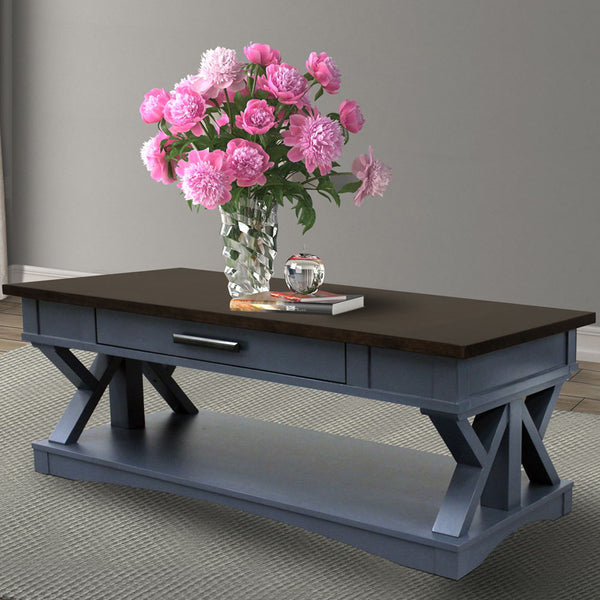  it features a contrasting wood-grain top in Sable. A lower open area is perfect for storage and display while a center drawer