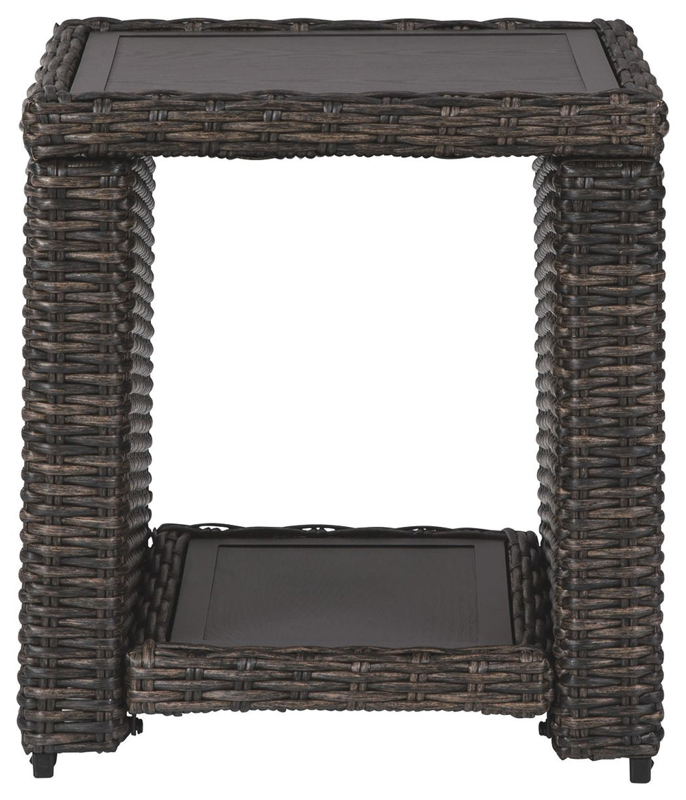 Style. Comfort. Quality. Value. This outdoor end table really goes to town, giving you the total package for outstanding outdoor living. Crafted to withstand the elements, this outdoor tableâ€™s resin wicker base and rust-proof aluminum frame ensures care