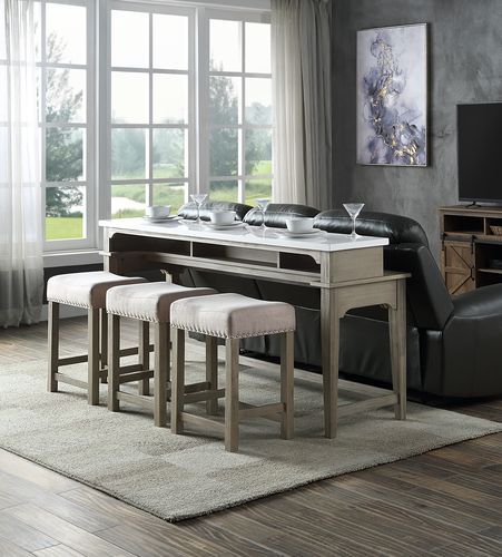 KD, 4Pc Pack, Rectangular Table Marble Top: No Leaf Wooden Leg Rectangular Armless Stool (Backless) Upholstery Seat & Wooden Leg USB Plug Included Table Top Thickness: 32mm N.W. of Table: 155Lbs N.W. of Stool: 15Lbs Foam Density: D20<br/><br/><b>Product F