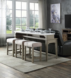 KD, 4Pc Pack, Rectangular Table Marble Top: No Leaf Wooden Leg Rectangular Armless Stool (Backless) Upholstery Seat & Wooden Leg USB Plug Included Table Top Thickness: 32mm N.W. of Table: 155Lbs N.W. of Stool: 15Lbs Foam Density: D20<br/><br/><b>Product F